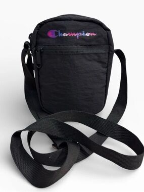Champion Black Crossbody Bag with Purple-Pink Gradient Logo
